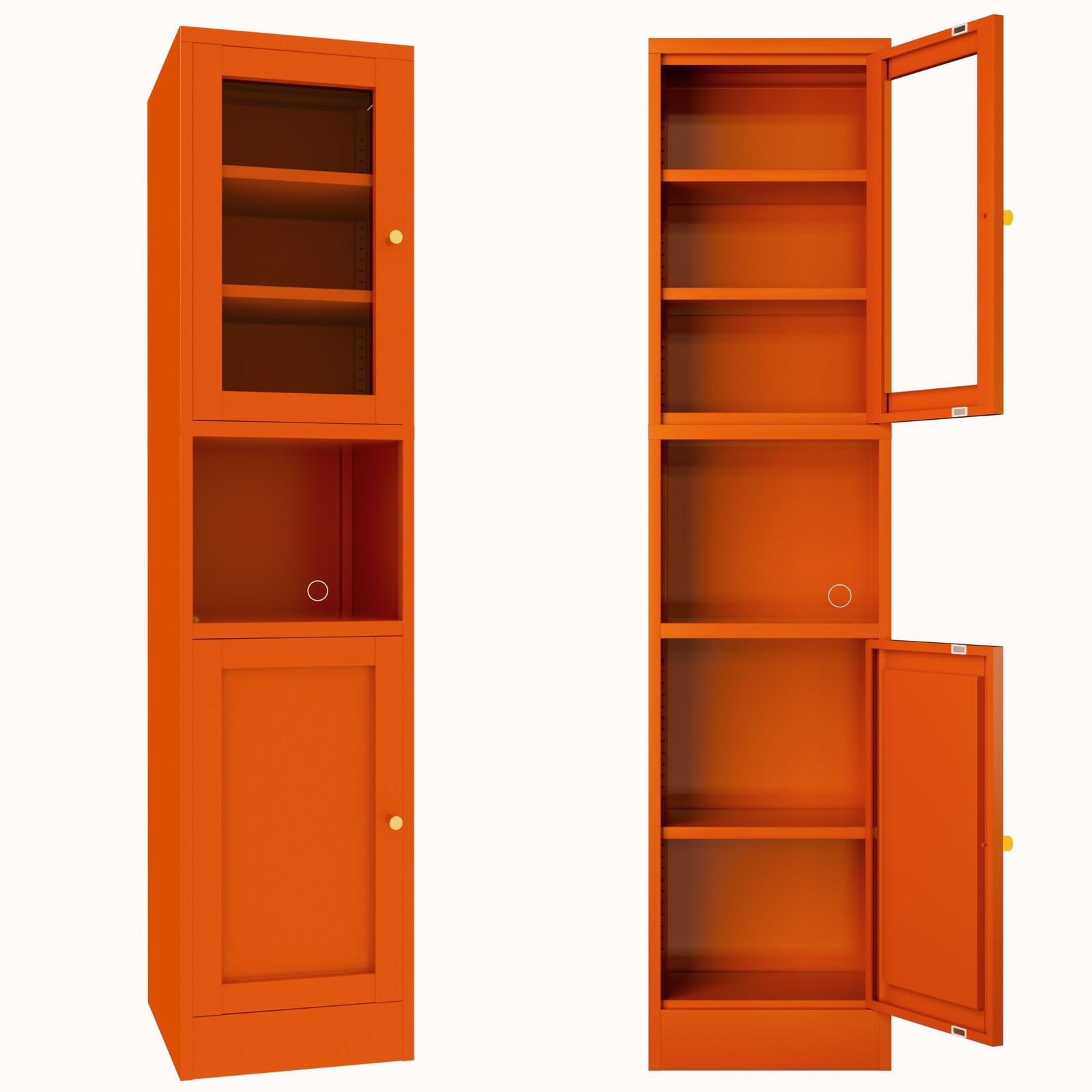 オレンジカラー 幅40cm 組立品 スリム 一人暮らし ワイヤーホール付き 大容量 レンジ台 ガラスドア ドアは左右付け替え キッチンボード 調節 な棚付き キッチン収納 カップボード レンジ台付き スチール製 食器棚 科飛亜