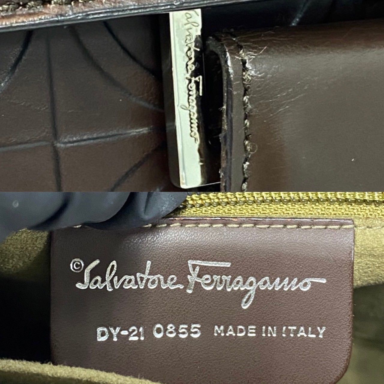 極 美品 Salvatore Ferragamo サルヴァトーレフェラガモ ヴィンテージ ガンチーニ 総柄 レザー ハンドバッグ ブラウン 32982