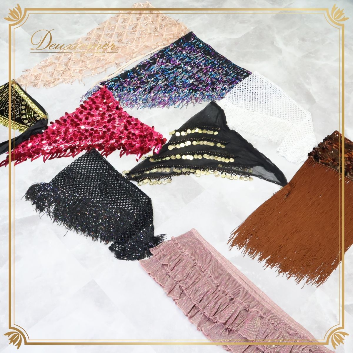 ベリーダンス 衣装 ヒップスカーフ 小物 まとめ売り 全6点 セット 黒 ピンク 紫 ゴールド