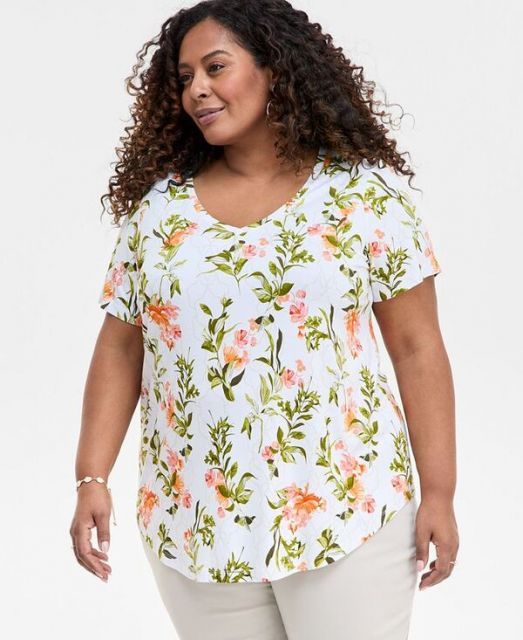 売れ筋商品|||ジェイエムコレクション カットソー トップス レディース Plus Size  Printed Scoop-Neck Top, Exclusively at Macy's Neo Natural JM Collection Women's Printed Scoop-Neck Short Sleeve Top