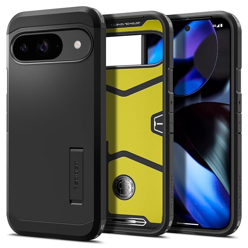 Spigen Pixel 9 / 9 Pro ケース 耐衝撃 スタンド付き 米軍MIL規格取得 耐衝撃 三層構造 スマホスタンド カメラ保護 傷防止 衝撃 吸収 ワイヤレス充電 タフ・アーマー ACS07692 (ブラック) 1
