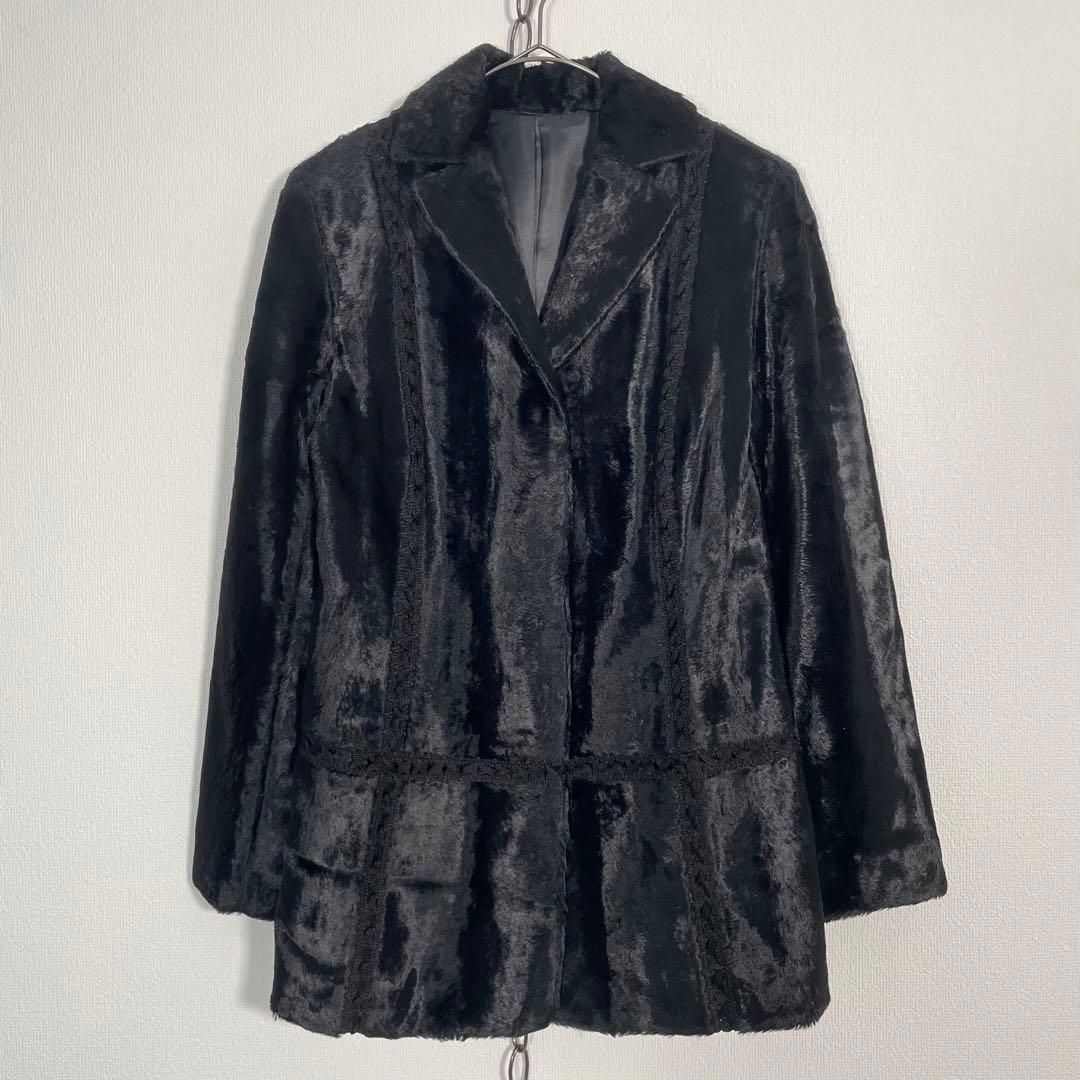 ヴィンテージ ラビットレザー ラビットファー ムートンコート 本革 兎革 羊 ブラック系 レディース サイズ38