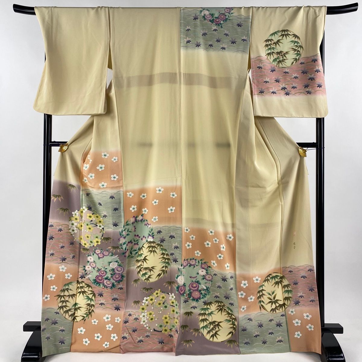 訪問着 身丈170.5cm 裄丈70cm L 袷 落款 花丸文 芝 染め分け ぼかし ベージュ 正絹