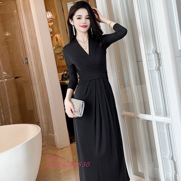 長袖ロングタイトニットワンピース