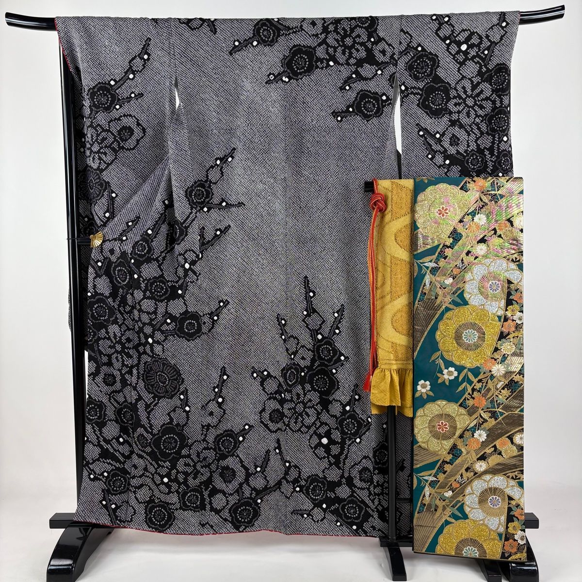 振袖 身丈159cm 裄丈68cm L 袷 袋帯フルセット 梅 総絞り 黒 正絹 名品
