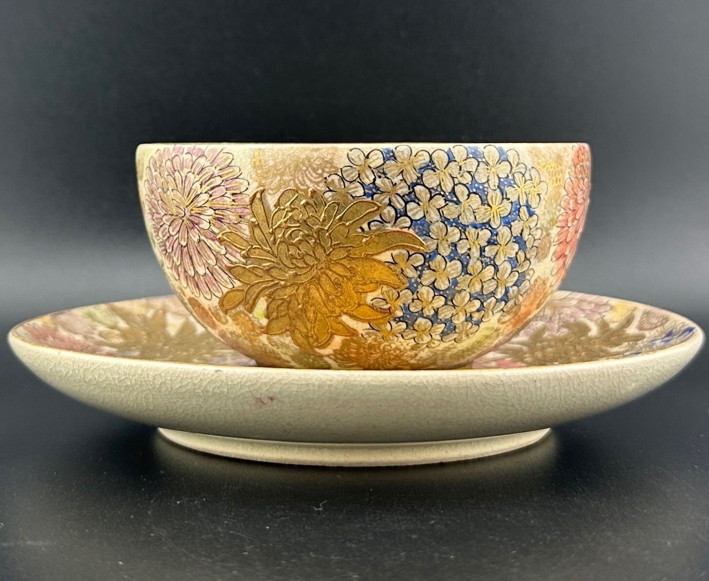 最終処超レア明治里帰り美術品カップ＆ソーサー完品　竹山　点盛り　芸妓　雅な雰囲気 希少】明治期 京薩摩 薩摩焼 カップ＆ソーサー 金光山銘入り
