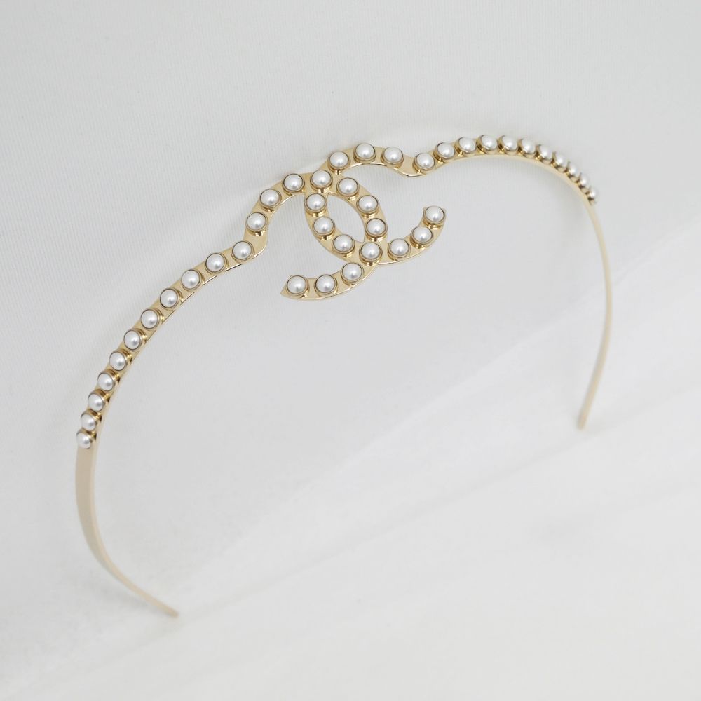 名東】シャネル カチューシャ ココマーク フェイクパール ゴールド