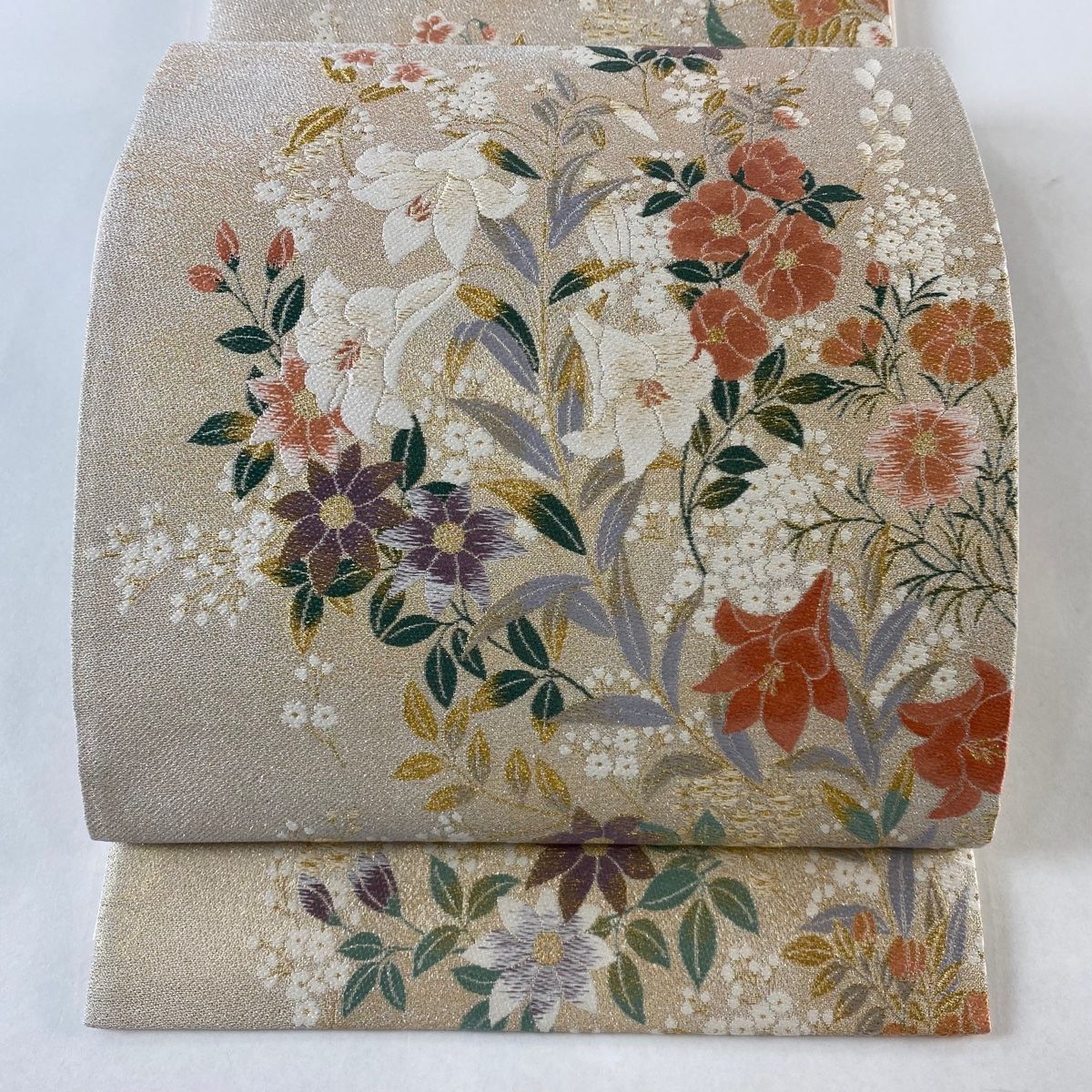 袋帯 秀品 草花 金糸 箔 ベージュ 六通 正絹