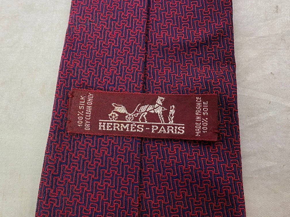 未使用級 エルメス HERMES ネクタイ シルク100% ワインレッド系 総柄