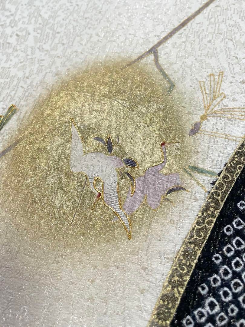 青柳謹製 袋帯 落款入 手描 絞り 刺繍 金彩 銀通し 鶴 正絹 三通 SA006 