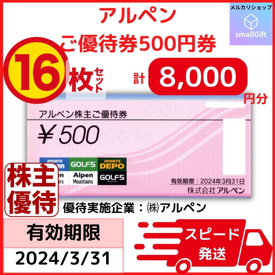 アルペン 株主優待券 500円券16枚セット（計8，000円分） 24年3月