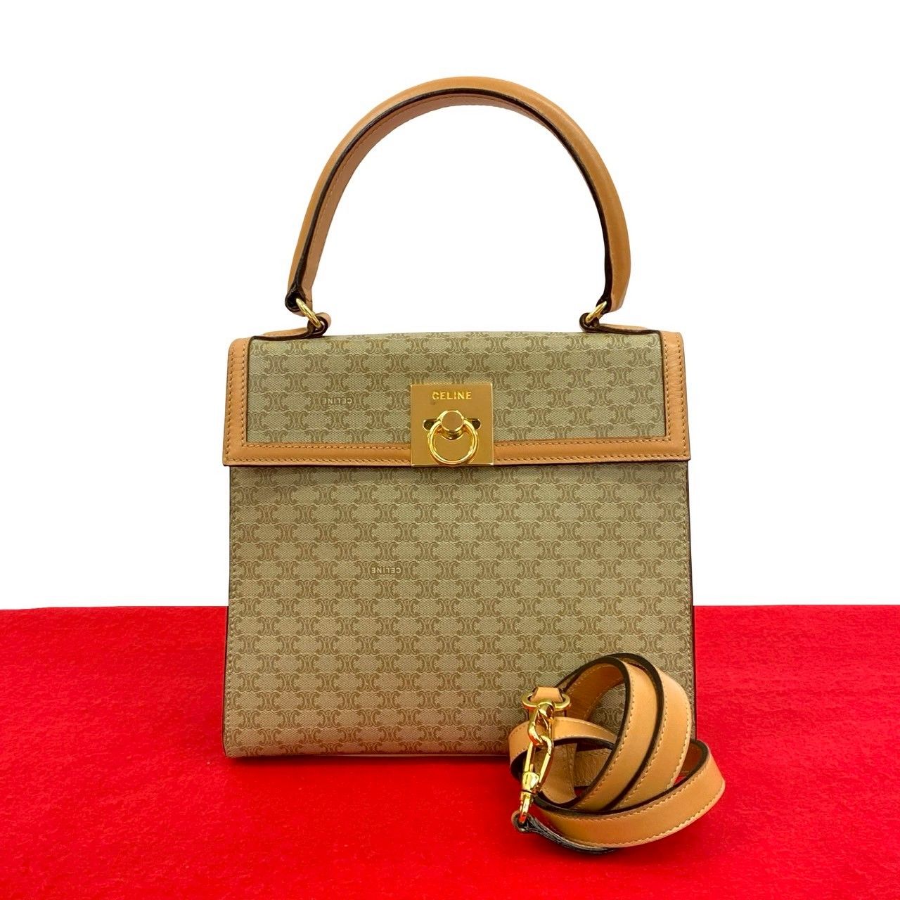 極 美品 セリーヌ マカダム ブラゾン レザー 2way ショルダーバッグ 茶 極 美品 CELINE セリーヌ マカダム ブラゾン 柄 トリオンフ ロゴ