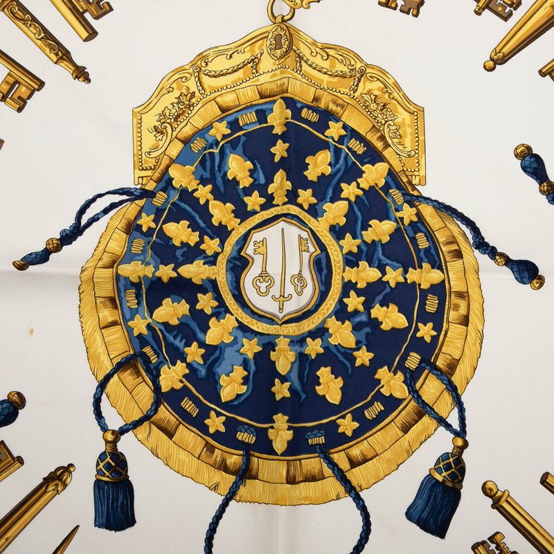 エルメス カレ90 LES CLES 鍵 ブルー ホワイト ゴールド シルク レディース HERMES 1-0228059