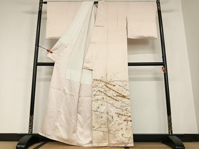 平和屋着物●豪華色留袖 駒刺繍 枝桜 横笛 暈し染め 金彩 ロング丈 正絹 AABB6598zg
