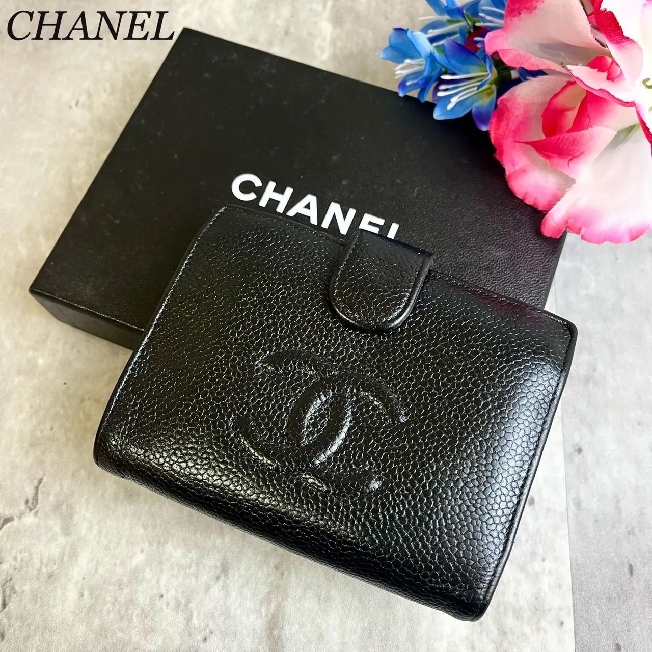 良品】シャネル CHANEL がま口 キャビアスキン 二つ折り