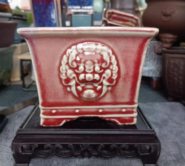 紅釉四方股釘獅子頭盆 盆栽鉢 植木鉢 小品盆栽鉢 大品盆栽鉢