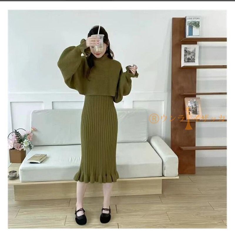 2点セット ニット ♥ ワンピース レディース 秋冬 ニットセットアップ セーター キャミワンピース マーメード裾 トップス フ 袖 セットアップ ニットセーター リブニット 可愛い タイプ きれいめ カットソー weixz141 WWW_SMP1DAWEKUDUS_SCH_ID