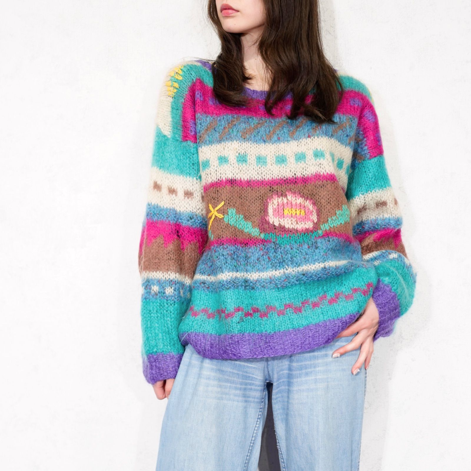 USA VINTAGE IMAGINE FLOWER PATTERNED COLORFUL DESIGN KNIT|アメリカ古着お花柄カラフルデザインニット