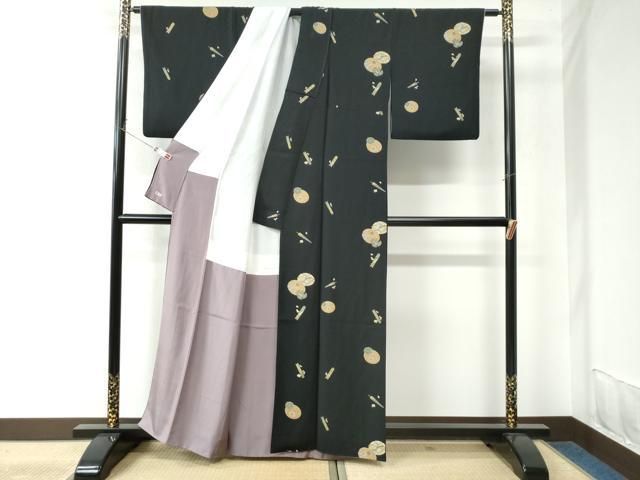 平和屋着物○上質な小紋 番傘 源氏香 黒地 三越扱い 正絹 逸品  