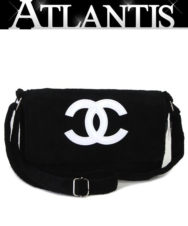 極美品 シャネル CHANEL ノベルティ パイル地 ショルダーバッグ 黒x白