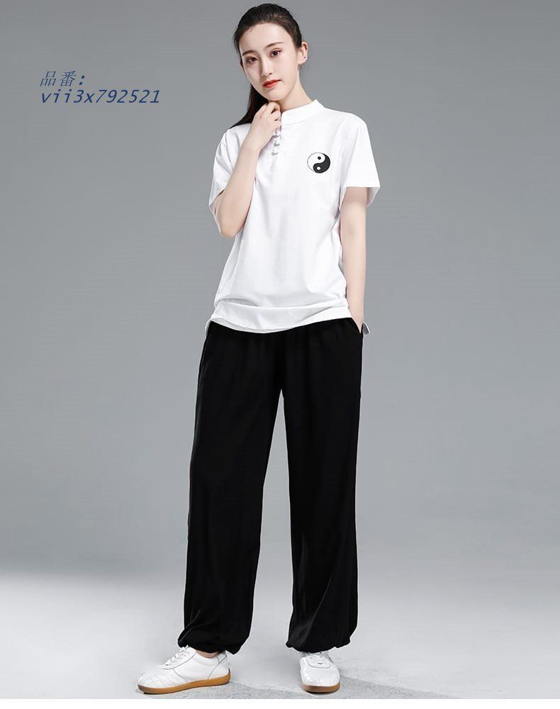 太極拳服 太極拳トレーニングTシャツ 半袖Tシャツ 女性 レディス 練習服 トレーナー マオカラー ヘンリーネック カットソー 太極図 送料無料 太極拳服 太極拳トレーニングTシャツ 半袖Tシャツ 女性 レディス
