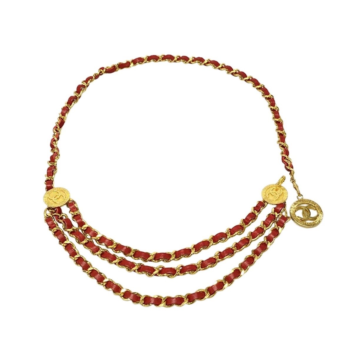 美品 シャネル ココマーク ゴールド レザー チェーンベルト レッド CHANEL(シャネル) ベルト - ゴールド×レッド チェーンベルト