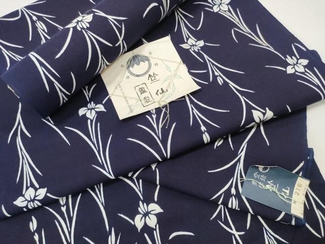 平和屋本店 夏物 竺仙鑑製 浴衣 反物 着尺 杜若 紺地 証紙付き 綿 ♥ DZAA11297kh5