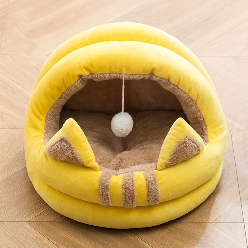 猫 犬 ベッド ペットベッド ふわふわ 暖か もこもこ キャット ペット用品 ペットハウス 滑り止め クッション 柔らかい 秋冬 イエロー Lサイズ xzdsdwb