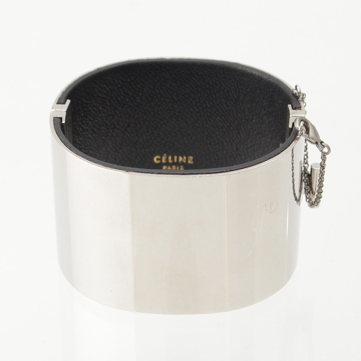 セリーヌ マンシェット レザー ワイド ブレスレット シルバー M【中古