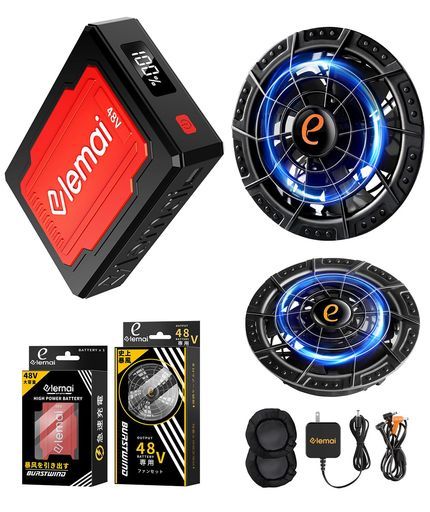 史上最高48V高出力2025新型ファンバッテリーセット無敵な暴風ファン付き作業服用大容量2種類モード搭載ブラシレスモーター内蔵PSE認証済み長い使用寿命防塵カバー付き猛暑対策(ブラック…