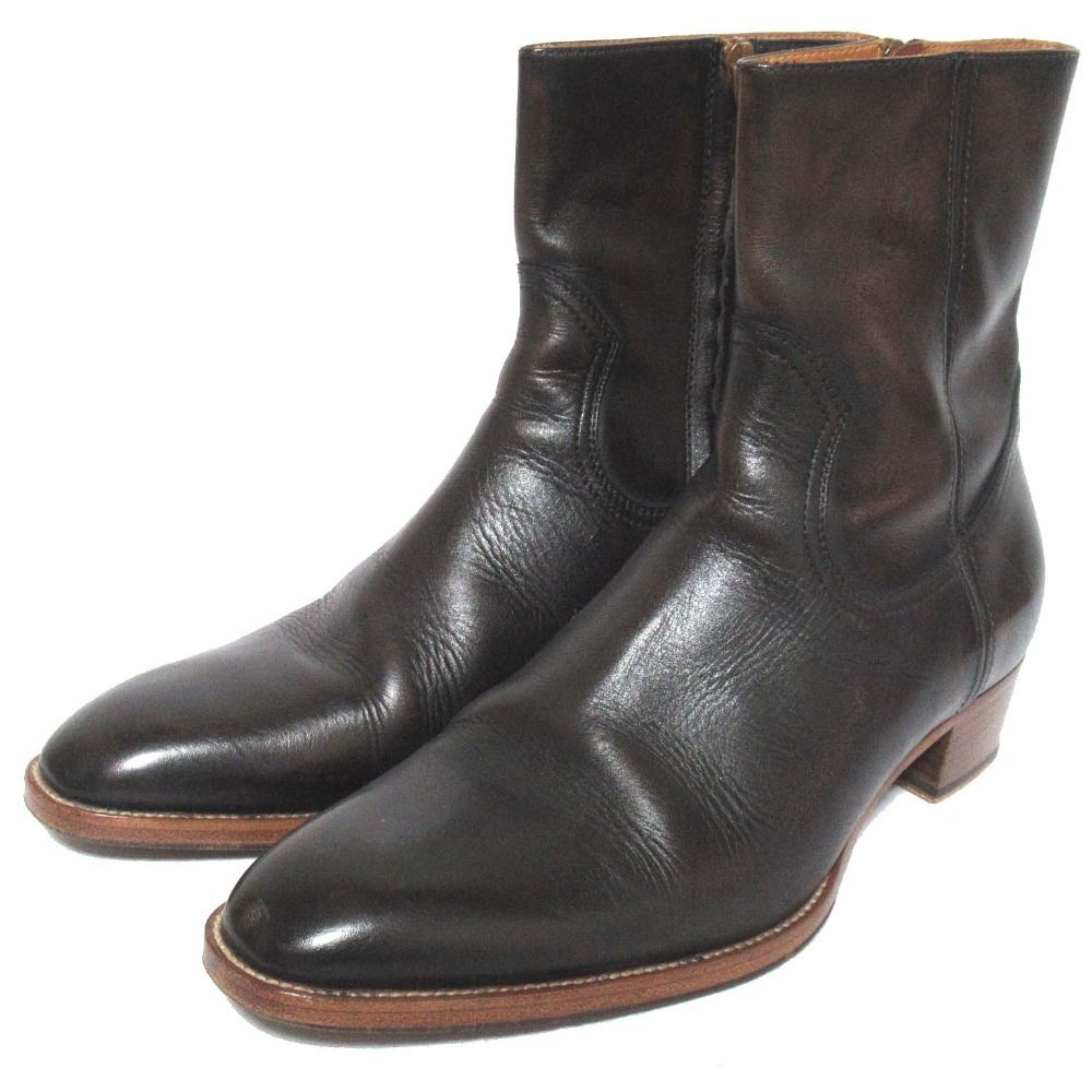美品 SAINT LAURENT PARIS サンローランパリ レザー サイドジップ ワイアット ヒールブーツ ショートブーツ 43 28cm相当 ダークブラウン メンズ 古着 中古 USED