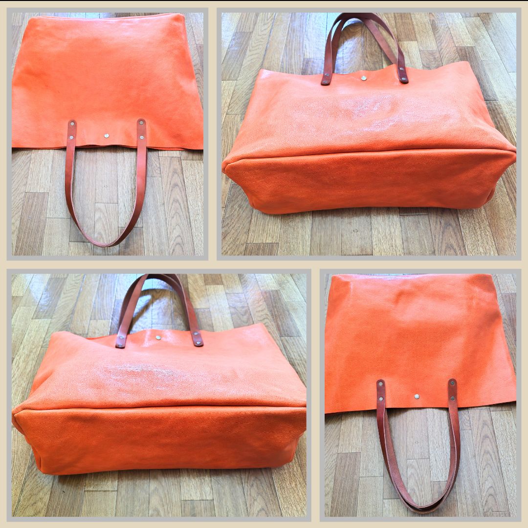 ハンドメイド　ヌメ革　トートバック　クリーマー　オレンジ　★新品／未使用品★ ☆ハンドメイド☆】ヌメ本革 トートバック オレンジ クリーマー