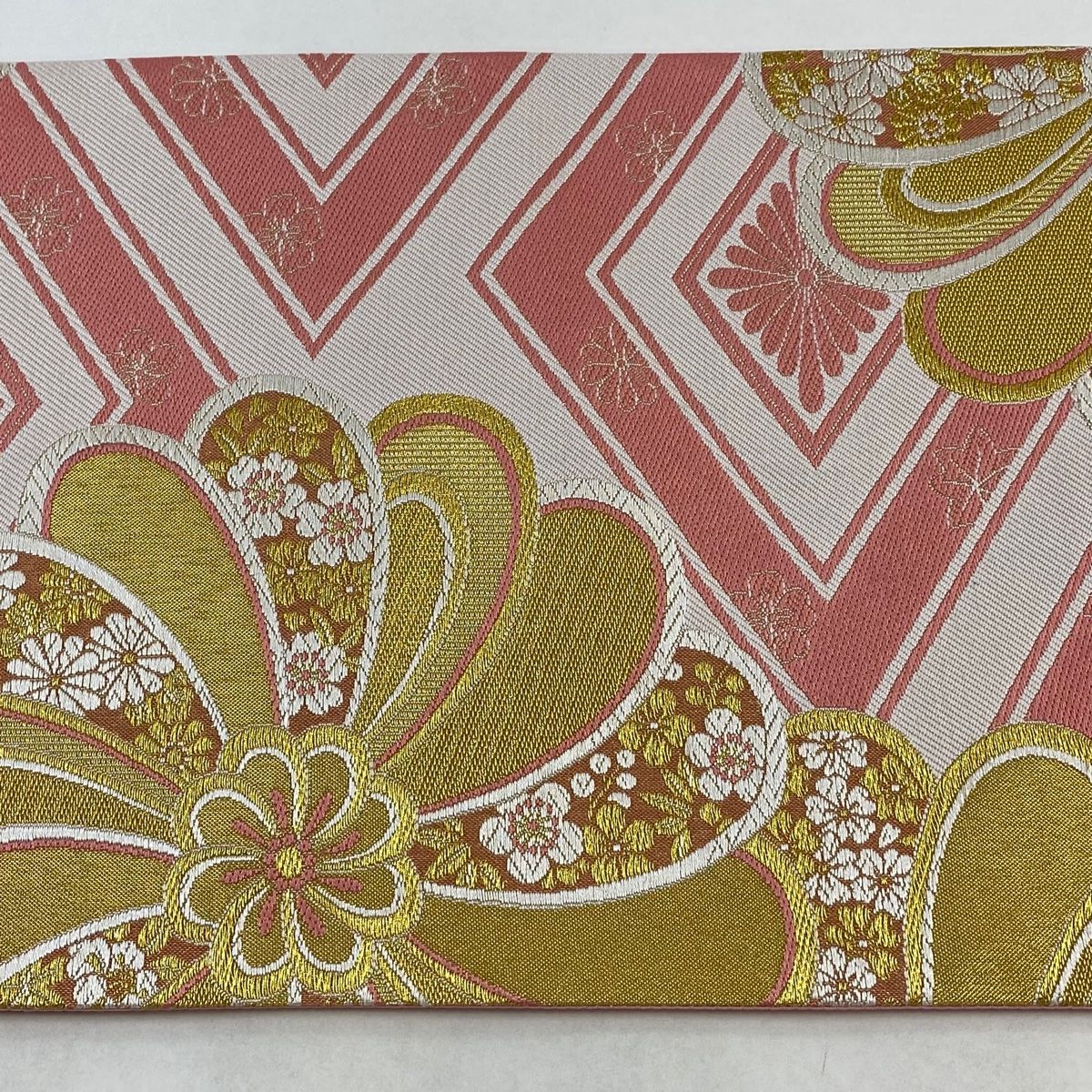 袋帯 美品 秀品 花柄 菊菱 金糸 唐織 ピンク 六通 正絹 【中古