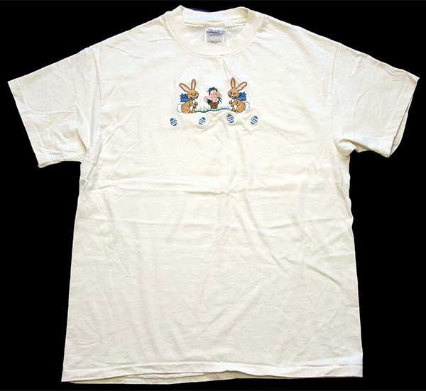 90s USA製 Hanes うさぎ フラワー 刺繍 コットンTシャツ 生成り