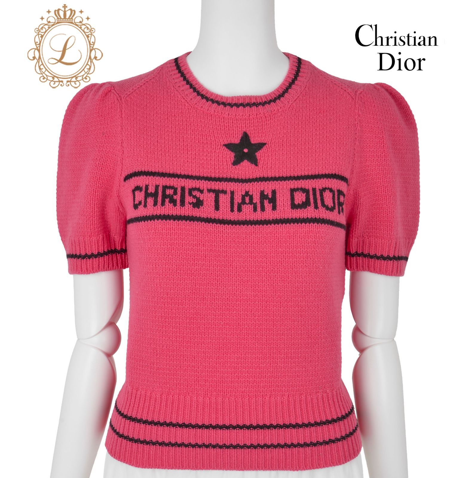 返品可 Dior ディオール ロゴ 半袖 ニット 38 ピンク×黒 カットソー トップス Tシャツ ブランド アパレル