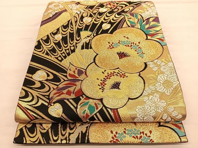 平和屋着物＃羽織 寿光織 地紙孔雀花文 黒地 金銀糸 正絹 逸品