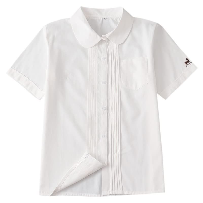 丸衿-半袖-ミルク白_S [Sharphon] 女子 スクールシャツ 半袖 丸襟 レディース タック 無地 綿 制服 シャツ トップス ポケット付