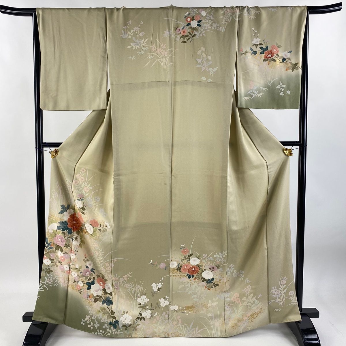 訪問着 身丈166cm 裄丈67.5cm L 袷 牡丹 草花 金銀彩 ぼかし 灰茶 正絹 秀品