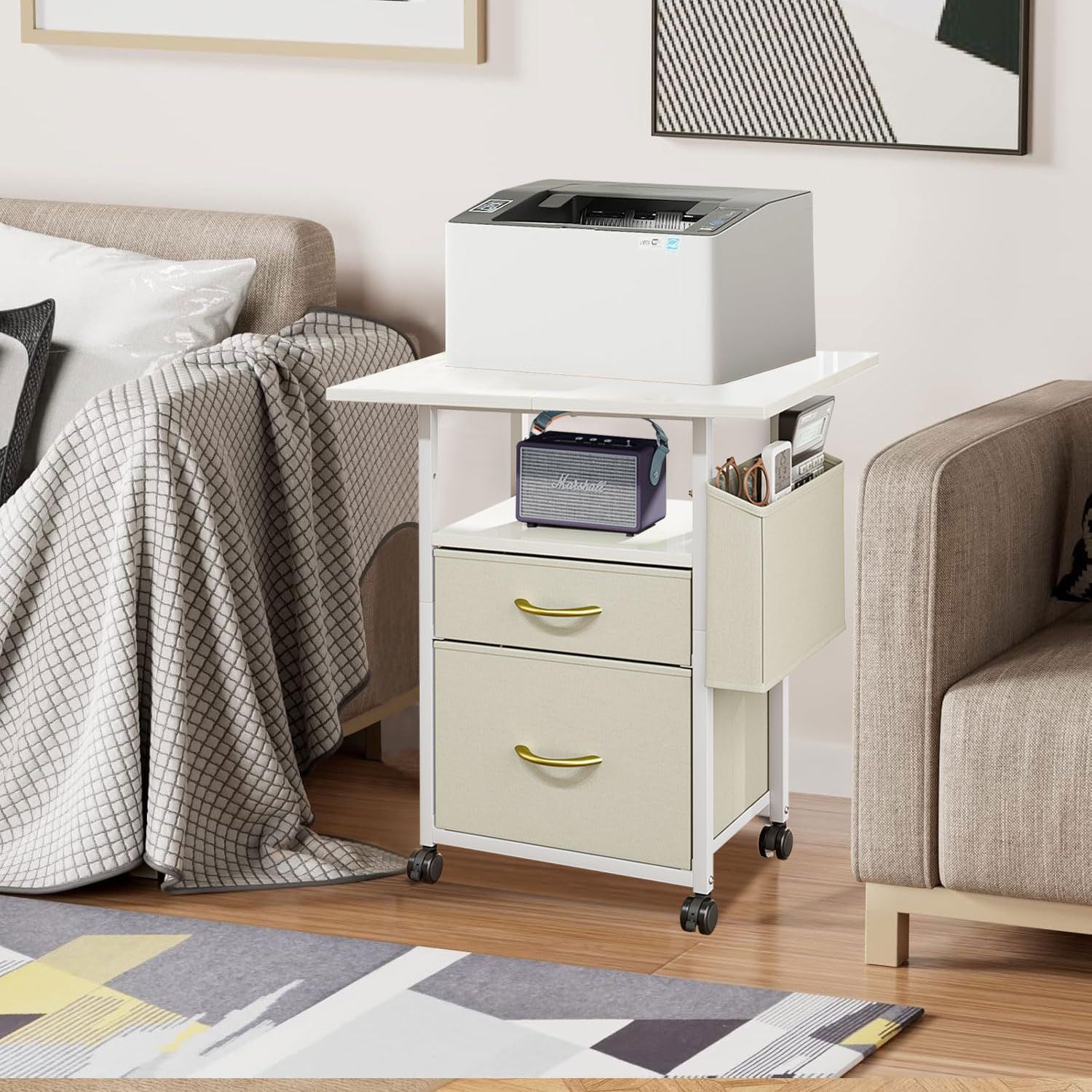 海外 サイドテーブル ワゴン オーク 真鍮取っ手 キャスター付き 楽天