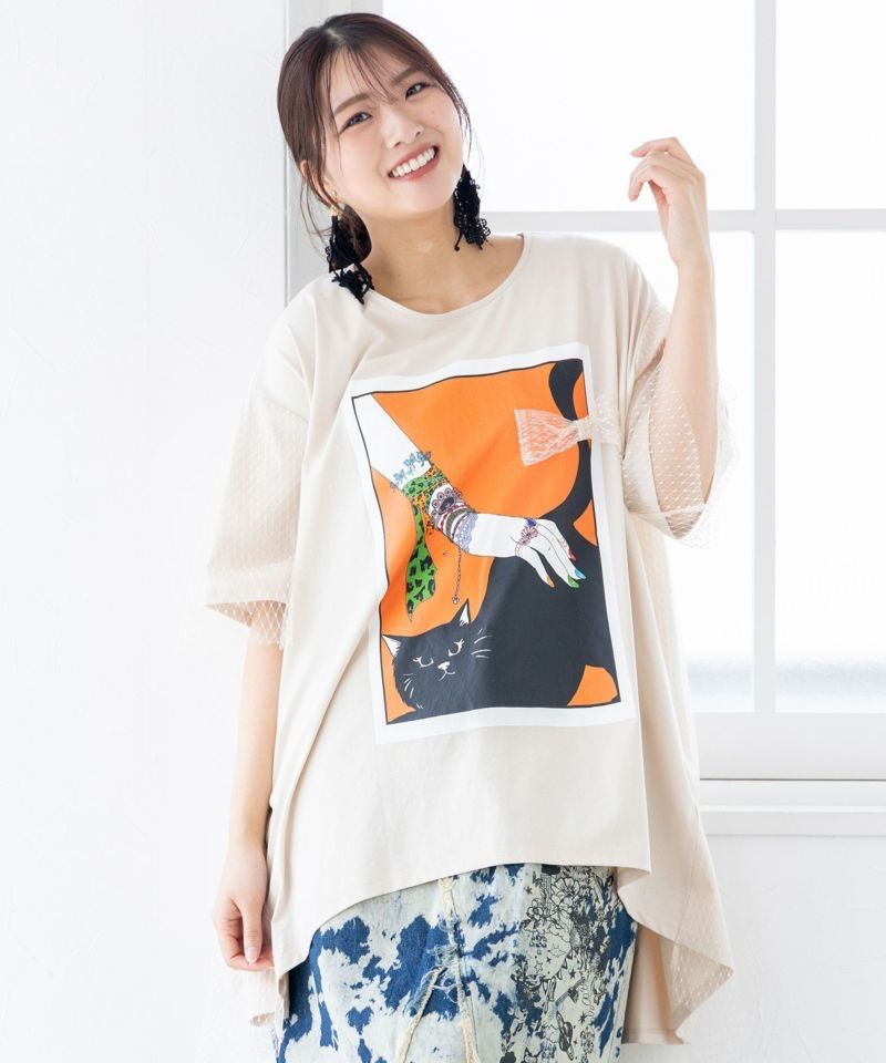 ス ネコ撫でプリント×ドットチュール重ねチュニック