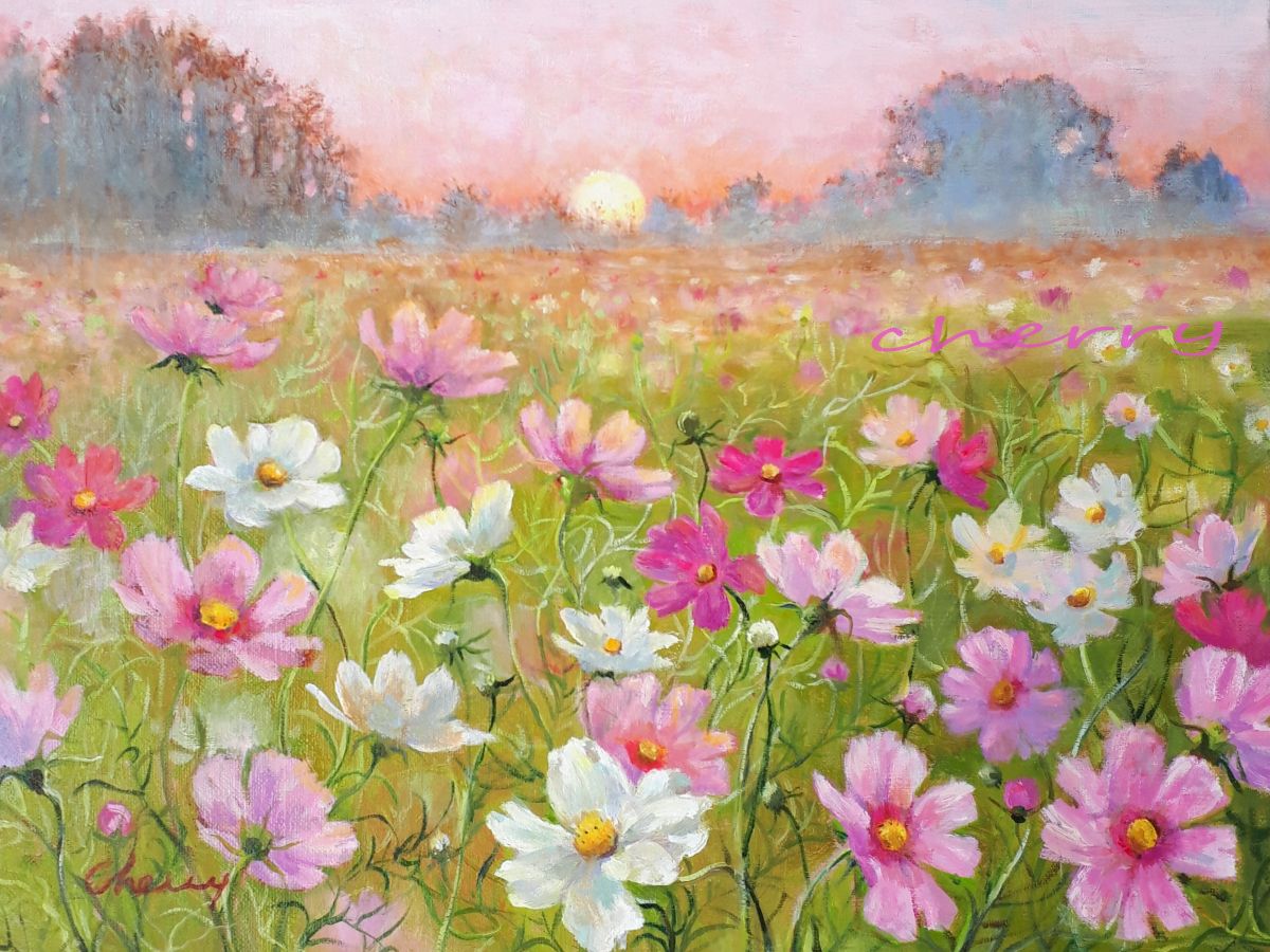油絵 絵画 コスモス畑【SM号】 楽天市場】油彩画 SM号 安田英明 「コスモス・1」 真筆 額入り