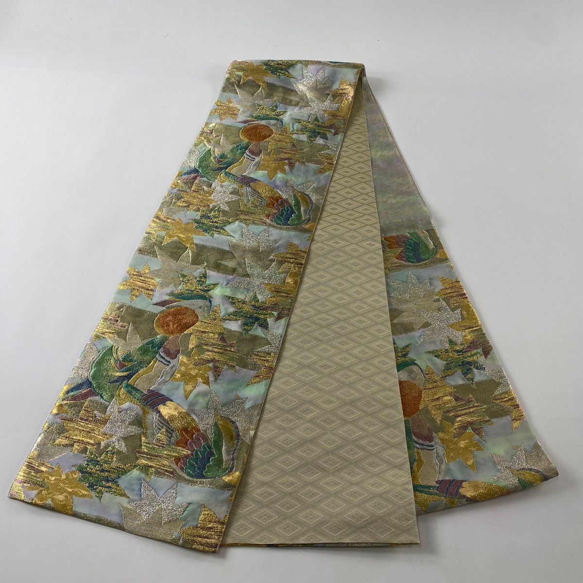 袋帯 美品 名品 鳥 楓 金銀糸 箔 薄緑 六通 正絹 【中古