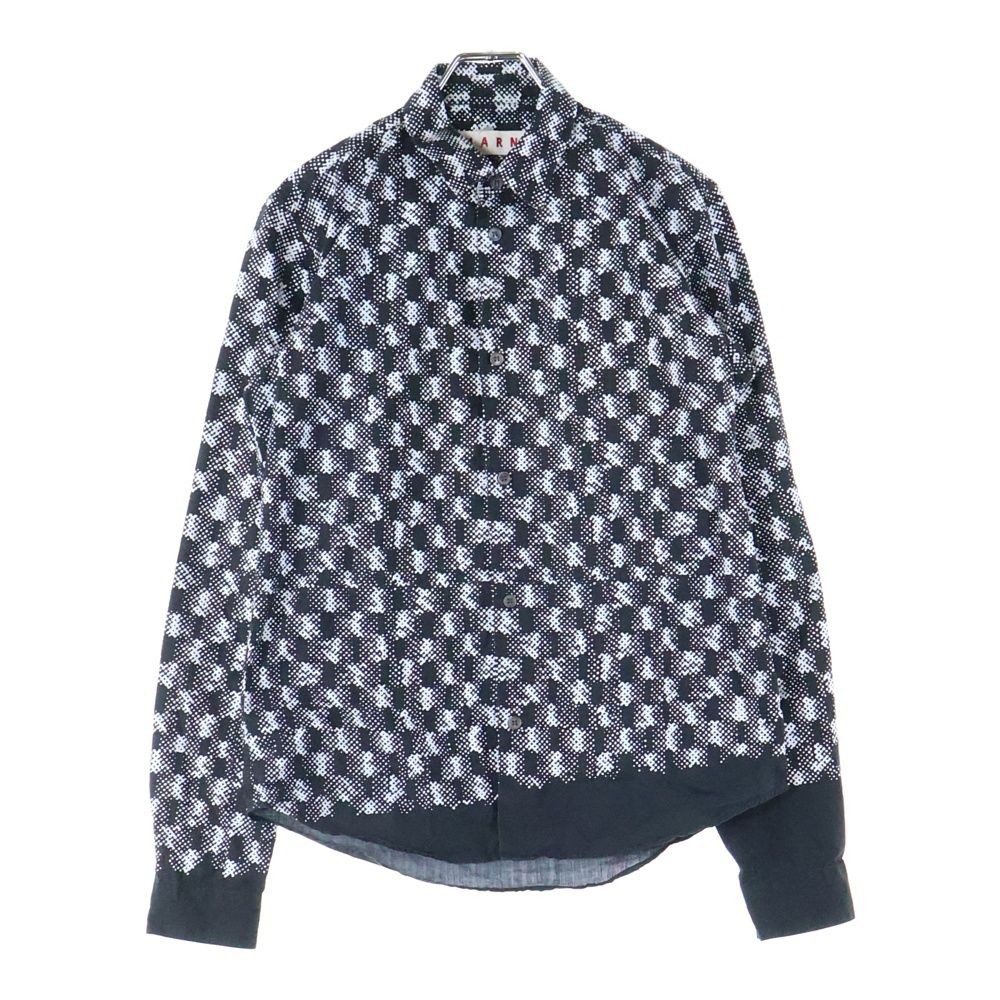 MARNI マルニ 総柄 コットン 長袖シャツ ブラック|ホワイト