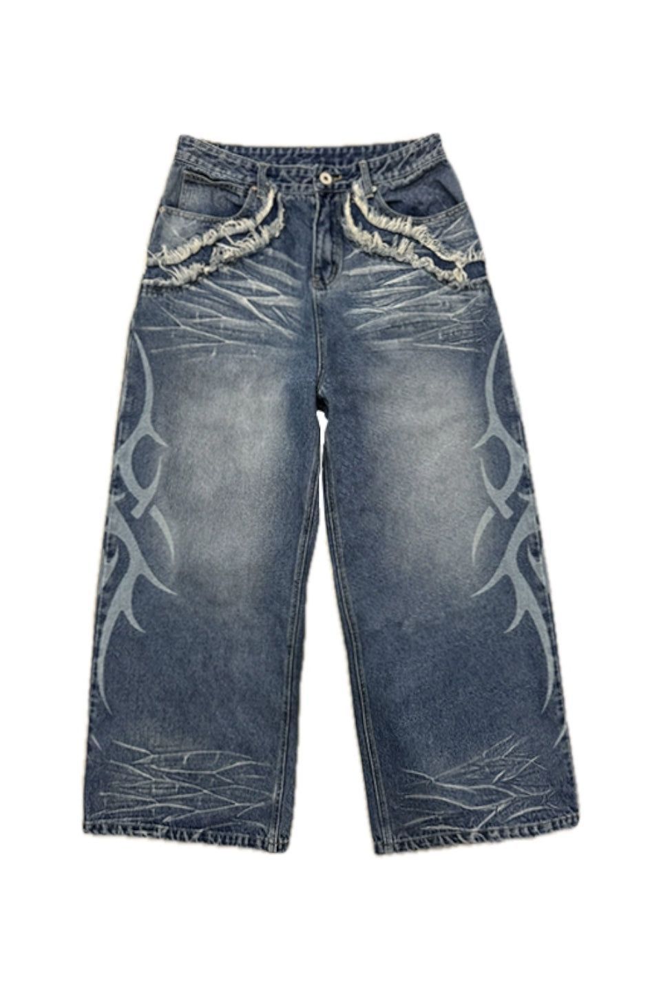 NO E MOSEN Blue Washed Baggy Jeans】ユニークなトライバルデザインと 