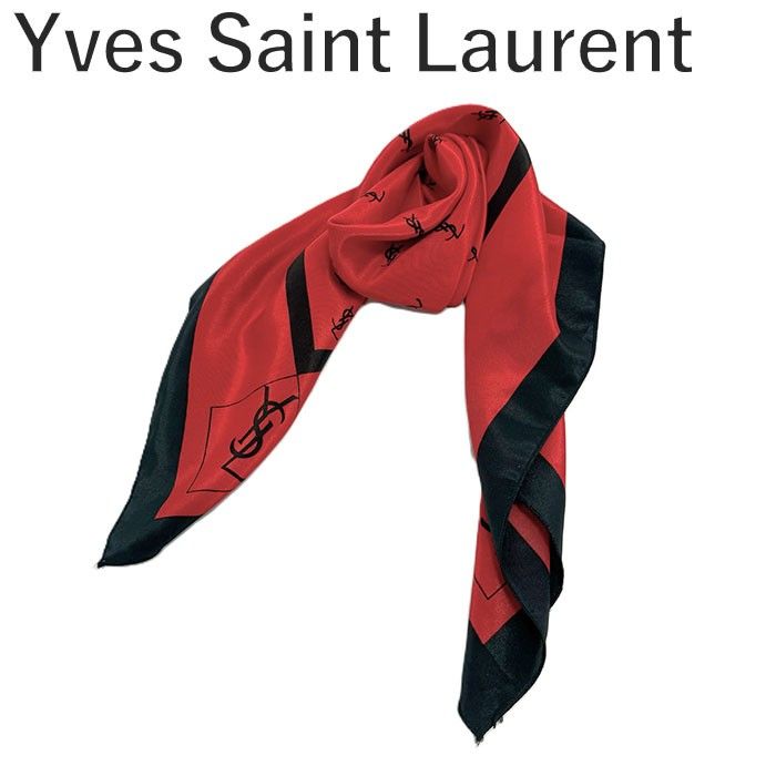 美品　イヴサンローラン　スカーフ　光沢　レッド　　ロゴマーク　総柄 イヴサンローラン Yves Saint Laurent スカーフ 大判 ロゴ柄