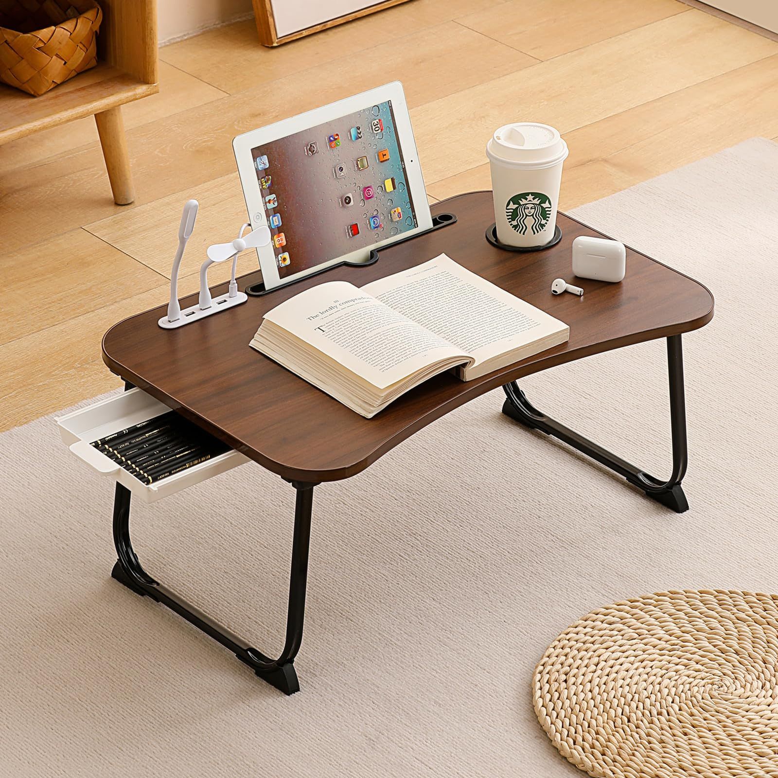 人気商品低い ミニテーブル 折りたたみ（USB給電対応読書灯＆ファン