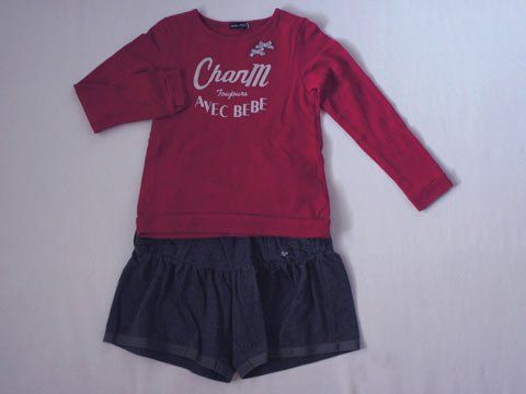ベベ bebe アウトレット 子供服 女の子 140cm 長袖 薄手 トレーナー 赤 キュロット スカート グレー 2点 春 秋 冬 4 スウェット トップス ガールズ 女児 キッズ ジュニア 【中古】 ユーズド こども