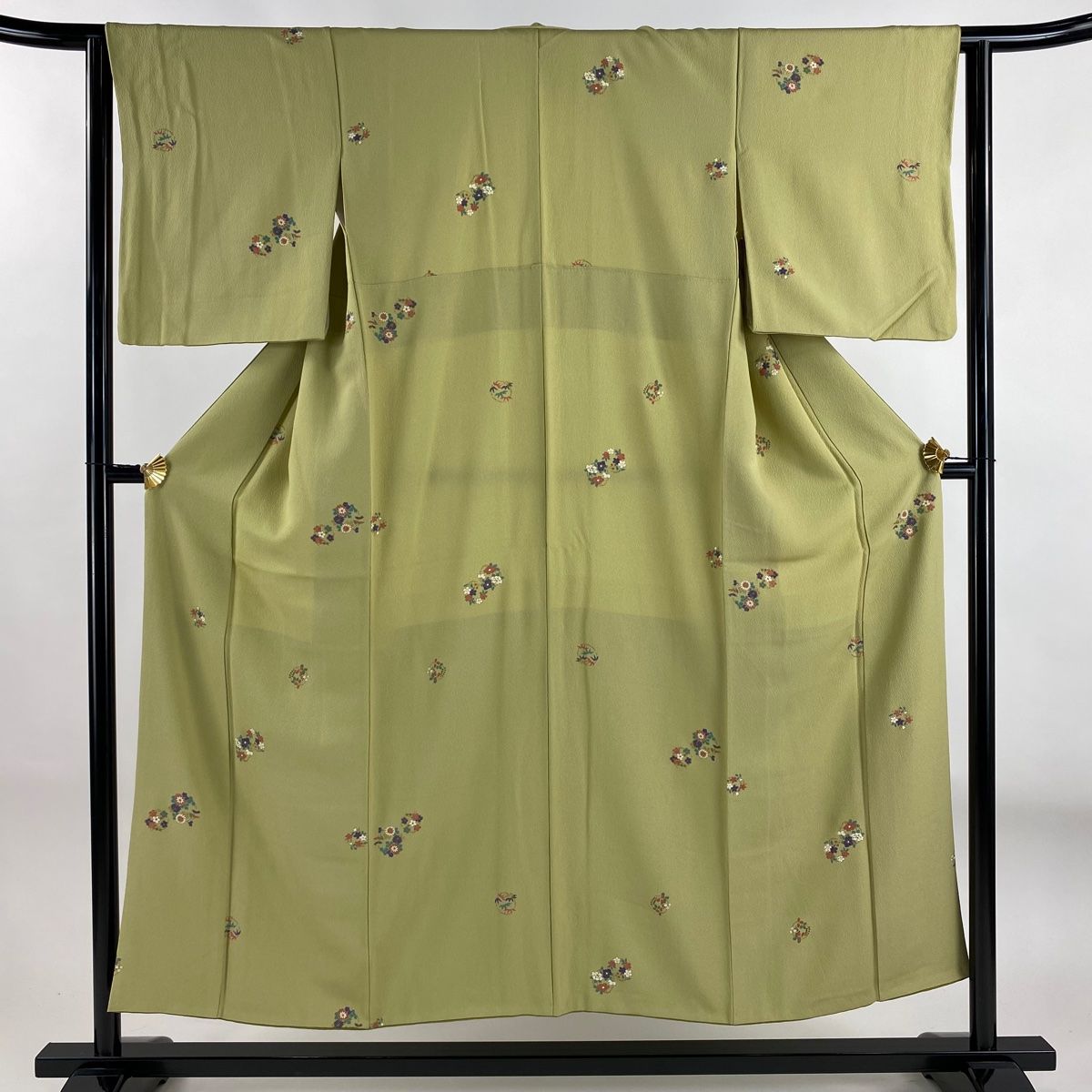 小紋 身丈152cm 裄丈62.5cm S 袷 花丸文 草花 金彩 縮緬 抹茶色 正絹 秀品