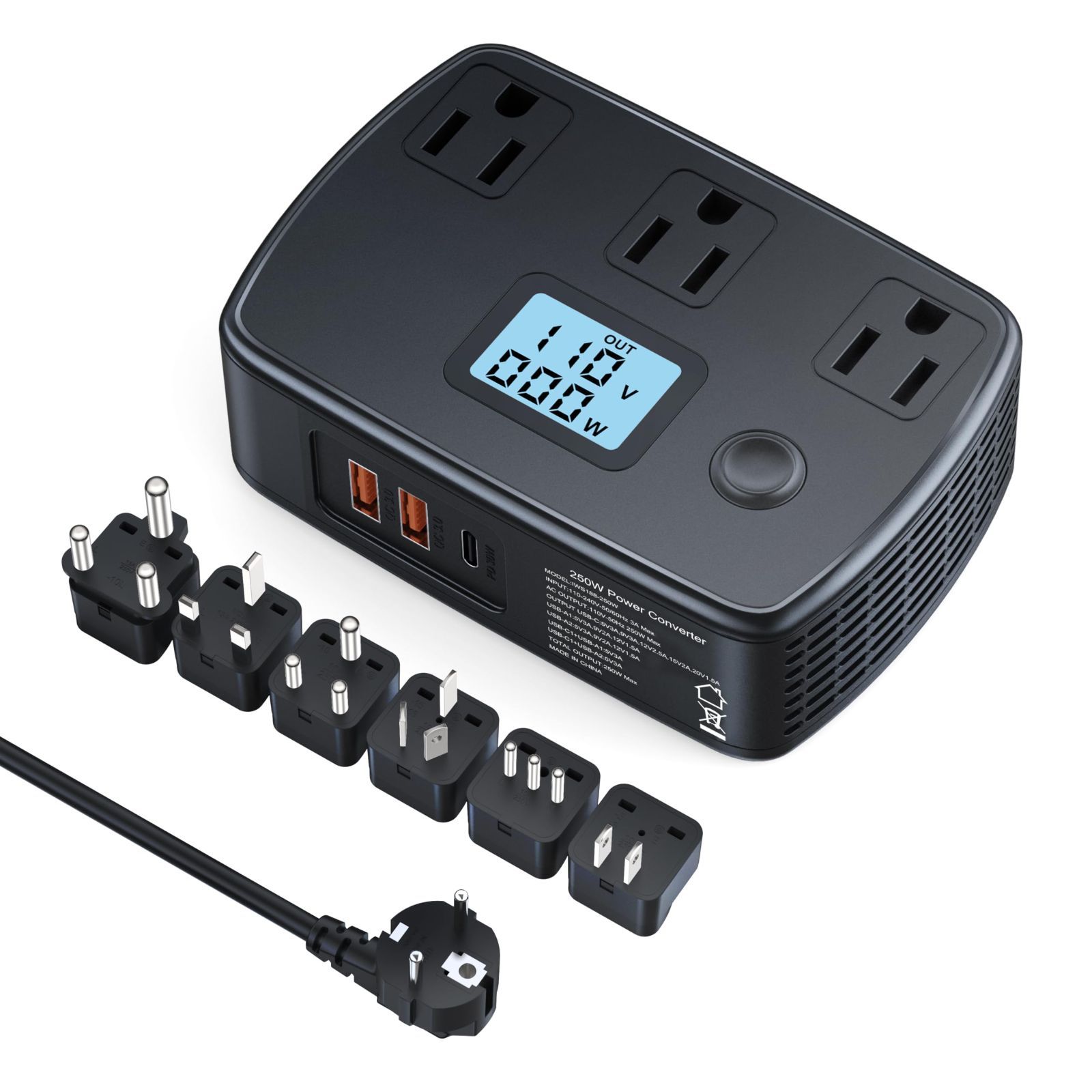 正弦波変圧器 海外旅行用 PD30W USB充電器 海外コンセント変換プラグ 変圧器220Vから100V 降圧変圧器 トラベルアダプター付き QC3.0USB充電 ビジュアルLCD 電圧変換器 250W変圧器 韓国