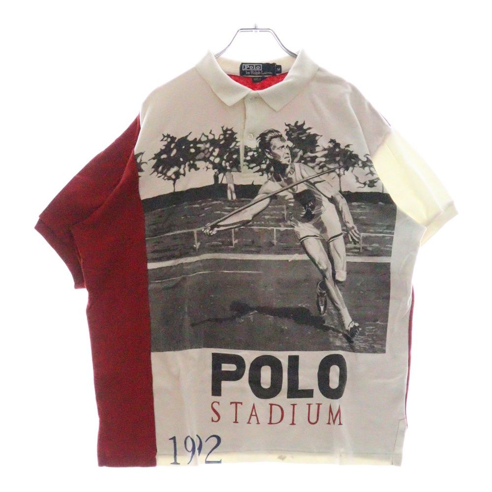 ✿ POLO RALPH LAUREN ポロラルフローレン 1992 STADIUM POLO SHIRT オリジナル スタジアムコレクション 槍投げ ハーフボタン 半袖ポロシャツ ショートスリーブ ホワイト|レッド